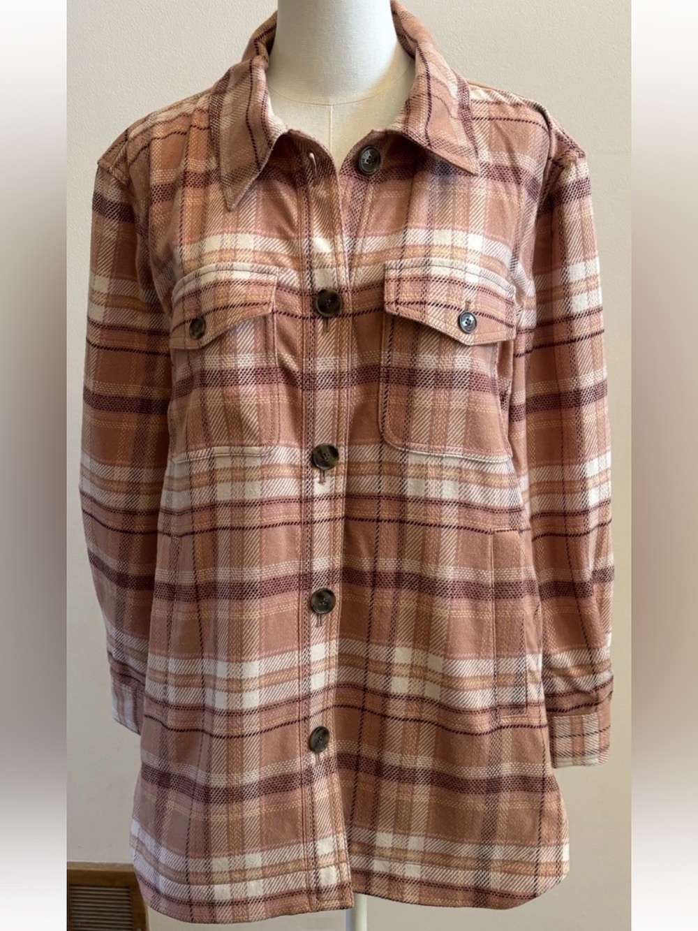 NWT LOFT Plaid Shacket Jacket Medium Pink Button Front Fall Layer